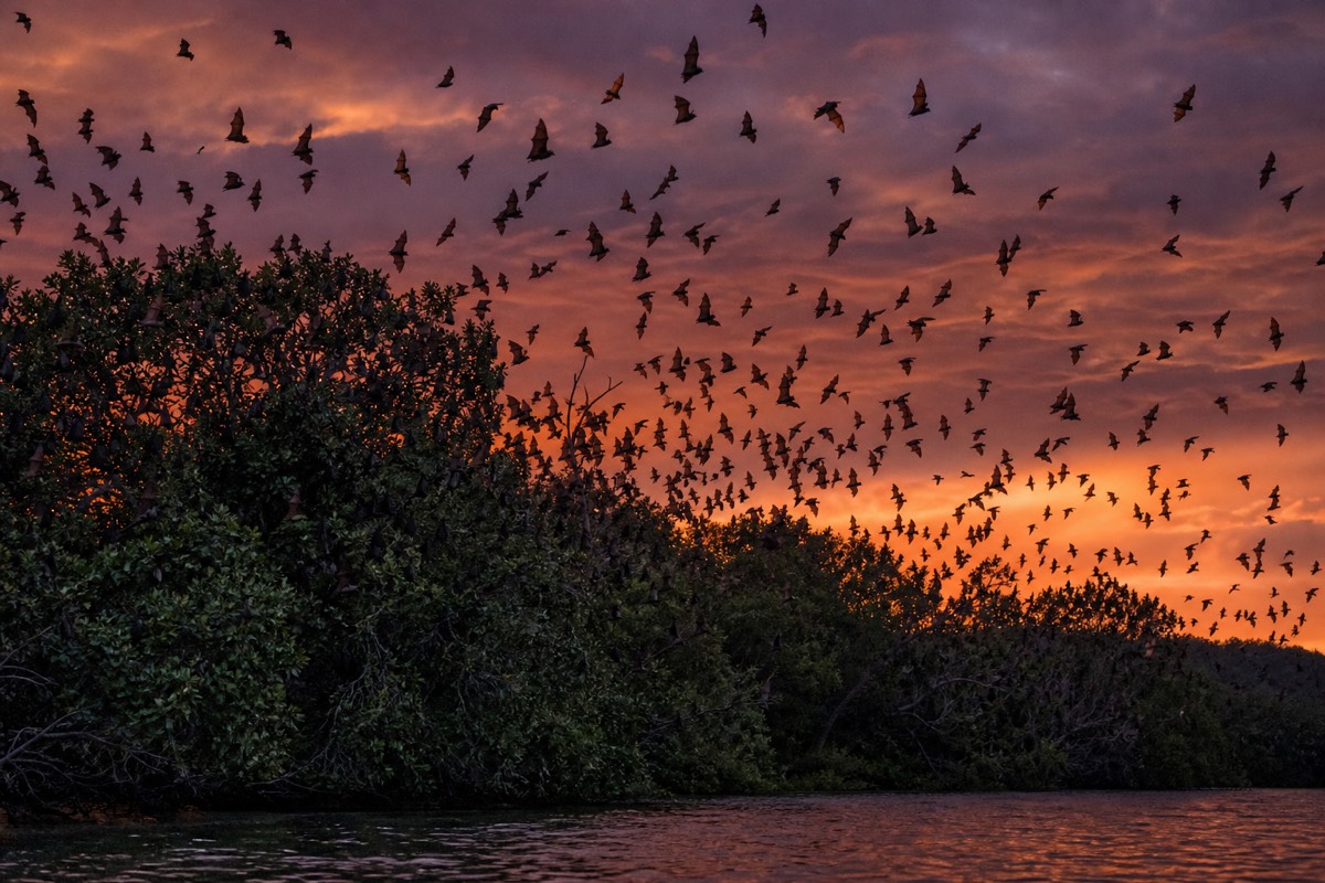Flying foxes lifting off Kalong Island at dusk